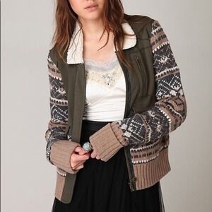 We The Free Fair Isle Bomber Jacket Sherpa Wool Green Knit Zip Women's Small